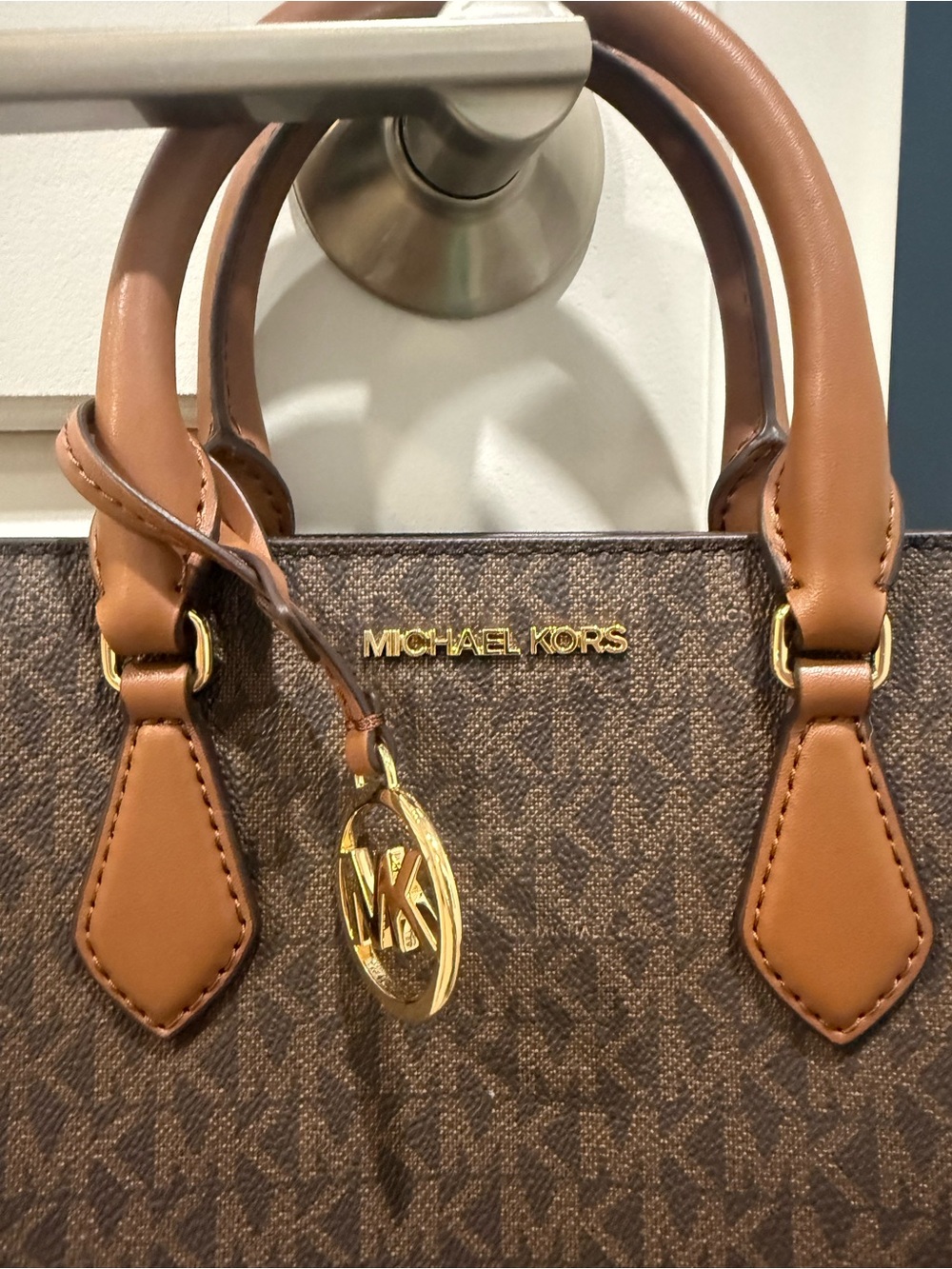 Michael Kors Brown and Tan Logo Satchel with Gold Hardware - Picture 2 of 7